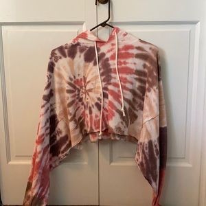 NWT Aeropostale Red Brown and Cream Tie Dye Cut Off Cropped Hooded Sweatshirt